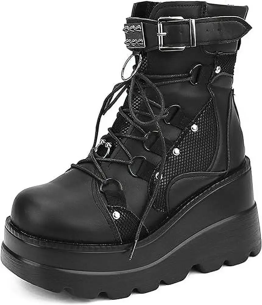 2024 Platform Ankle Boots for Women Chunky High Heel Booties Goth Round Toe Combat Boots Women Lace Up Motorcycle Wedges