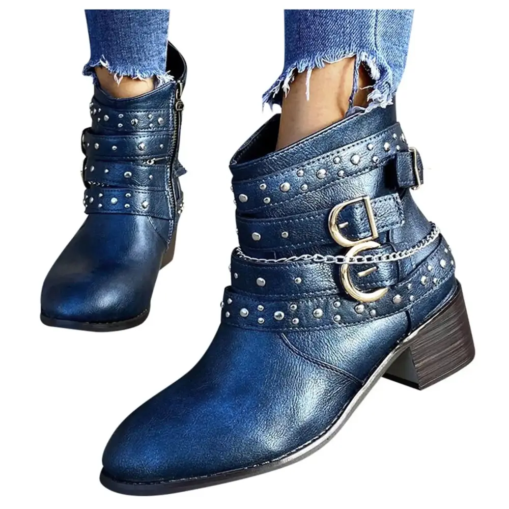 CALAFEBILA Womens Fall Shoes Blue Boots Girls Short Bootie Cowboy Motorcycle Leather Ankle Boots