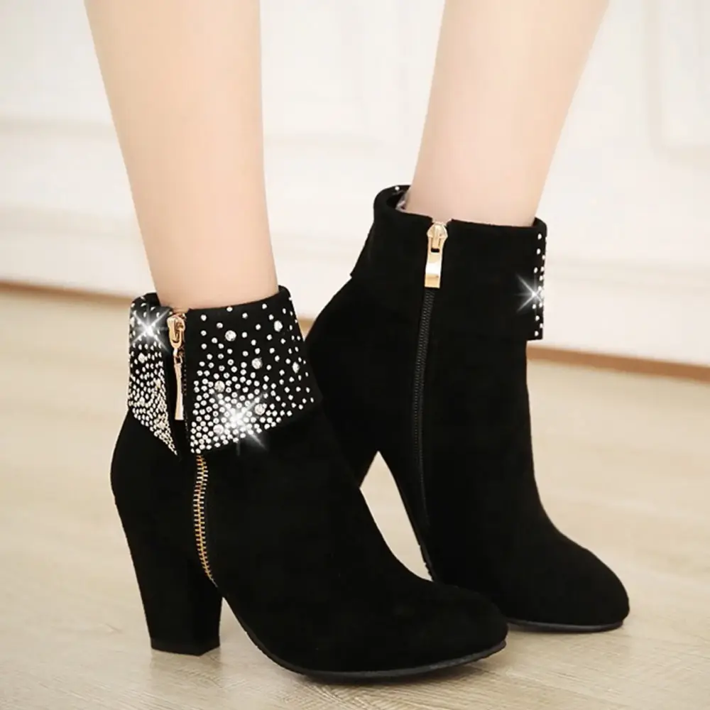 GUGUbb Women's Warm Boots Boots Zipper Short Boots Heel Round Toe High Heeled Warm Boots.Black