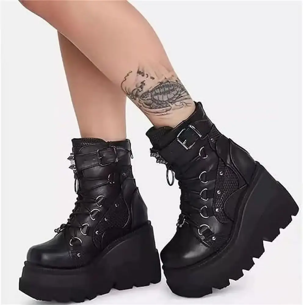 Platform Ankle Boots for Women Chunky High Heel Booties Goth Round Toe Combat Boots Women Lace Up Motorcycle Wedges