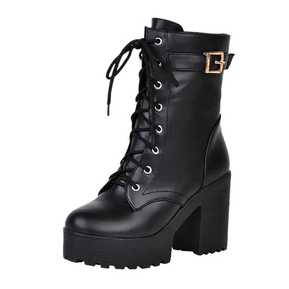BOBOGOJP Platform Ankle Boots for Women Chunky High Heel Booties Round Toe Combat Boots Women Lace Up Motorcycle Wedges (Black.8)