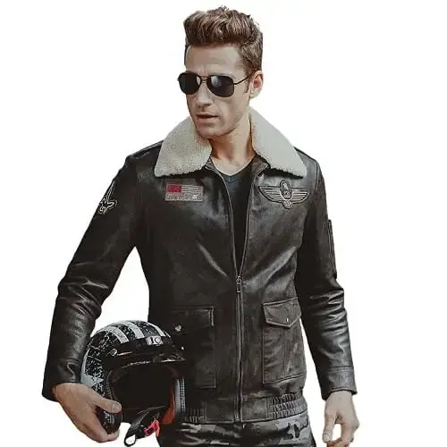 Men's Black Aviator Pilot Real Shearling Sheepskin Motorcycle Biker Genuine Leather Jacket SouthBeachLeather