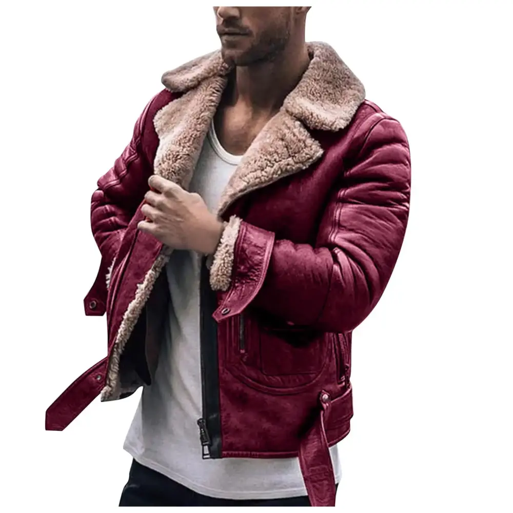 Doralu Men Gifts Winter Jacket Solid Color Vintage Jacket Biker Red M