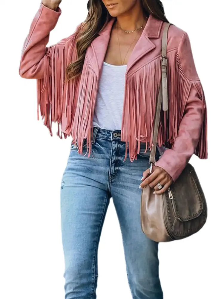 Spring hue Women Vintage Faux Suede Tassel Cropped Jacket Long Sleeve Fringe Coat Hippie Motorcycle Biker Jacket Tops