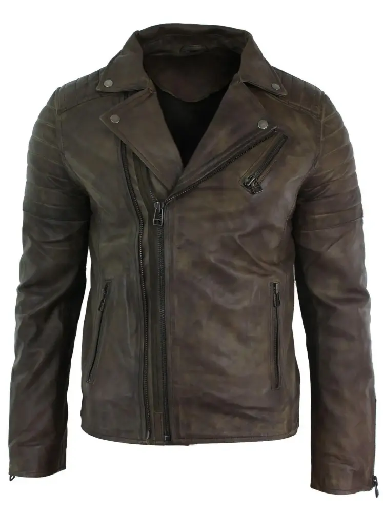 Mens Slim Fit Cross Zip Retro Vintage Brando Real Leather Jacket Vintage Biker