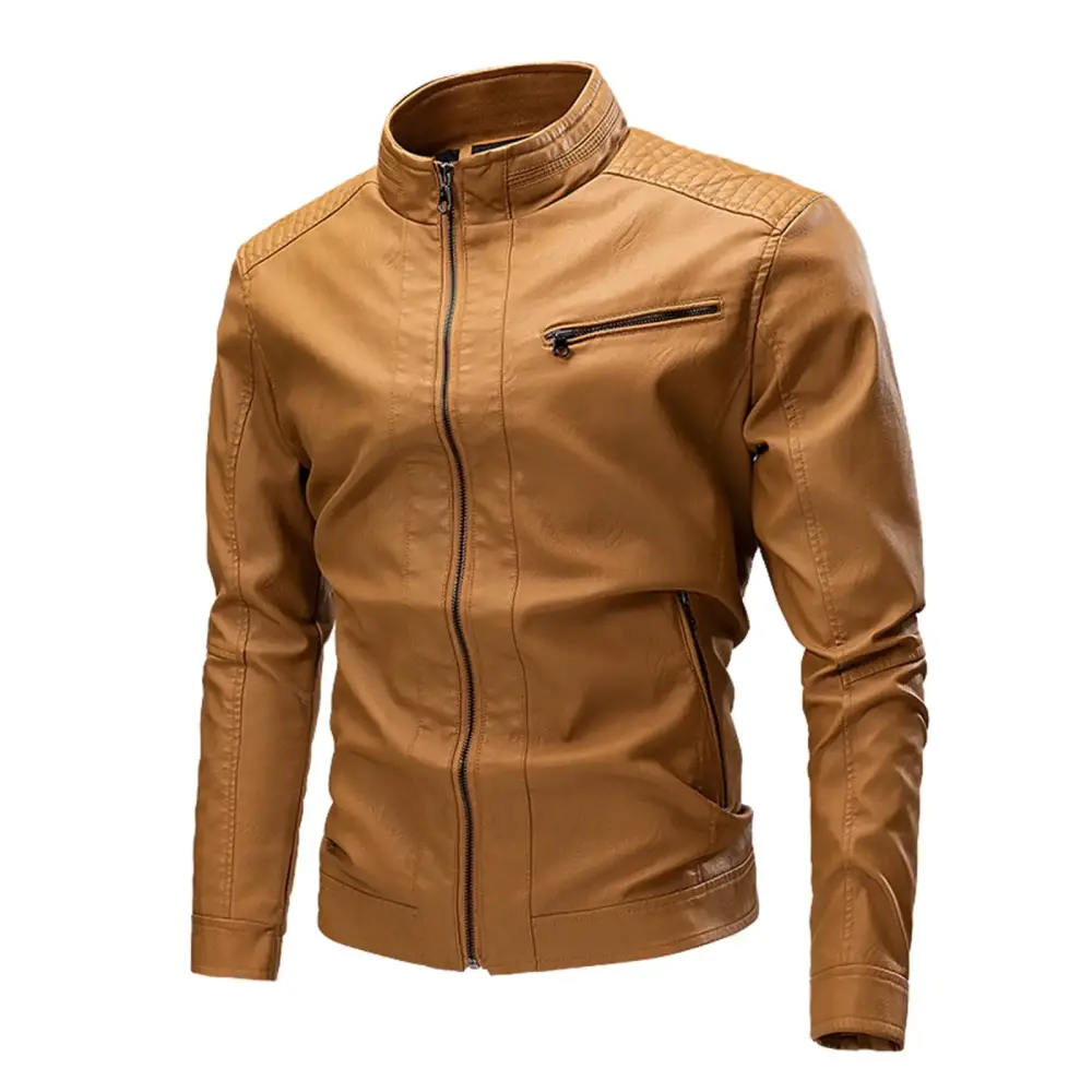 Durtebeua Leather Bomber Jackets For Men Long Sleeve V-Neck Leather Jacket Warm Fit Thick Leather Coat