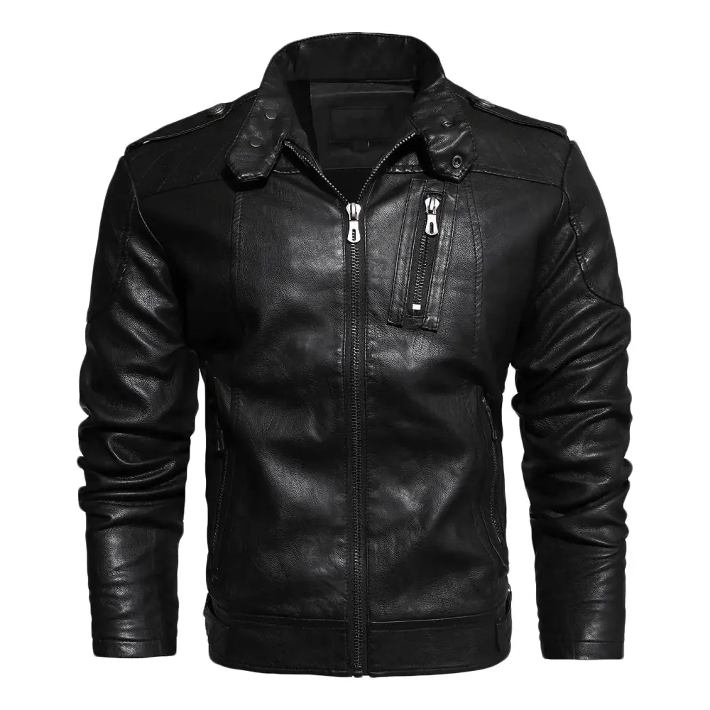 ZCFZJW Leather Jackets for Men. Faux Bomber Jacket Men Motorcycle Stand Collar Zip-Up Slim Fit Winter Biker Coat with Pockets Black XXXL