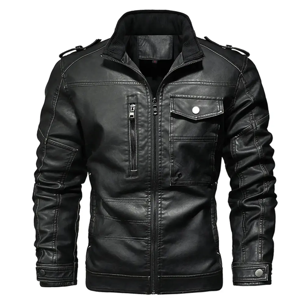 Olyvenn Men's Faux Leather Jacket Stand Collar Lightweight Bomber Jacket Fall Winter Windproof Waterproof Full Zipper Coats Black 8