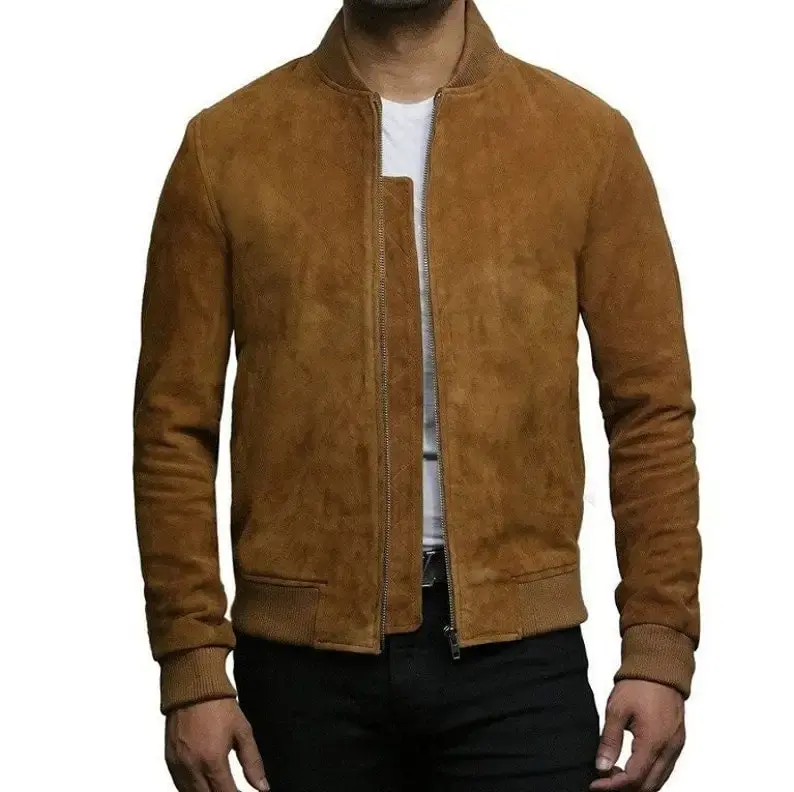 Men's Brown Genuine Suede Leather Biker Motorcycle Bomber Jacket. Men's Brown Suede Leather Bomber Jacket. Men Winter Jacket. Gift For Him