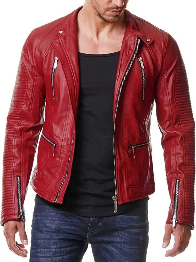 SkinOutfit Men's Leather Jacket Genuine Lambskin Motorcycle Bomber Biker Lightweight Outerwear Red
