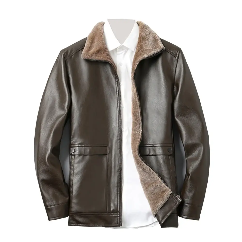 Olyvenn Men's Sherpa Fur Jacket Warm Winter Faux Shearling Bomber Coat Men Thickened Lapel Biker Motorcycle Leather Outwear Brown L