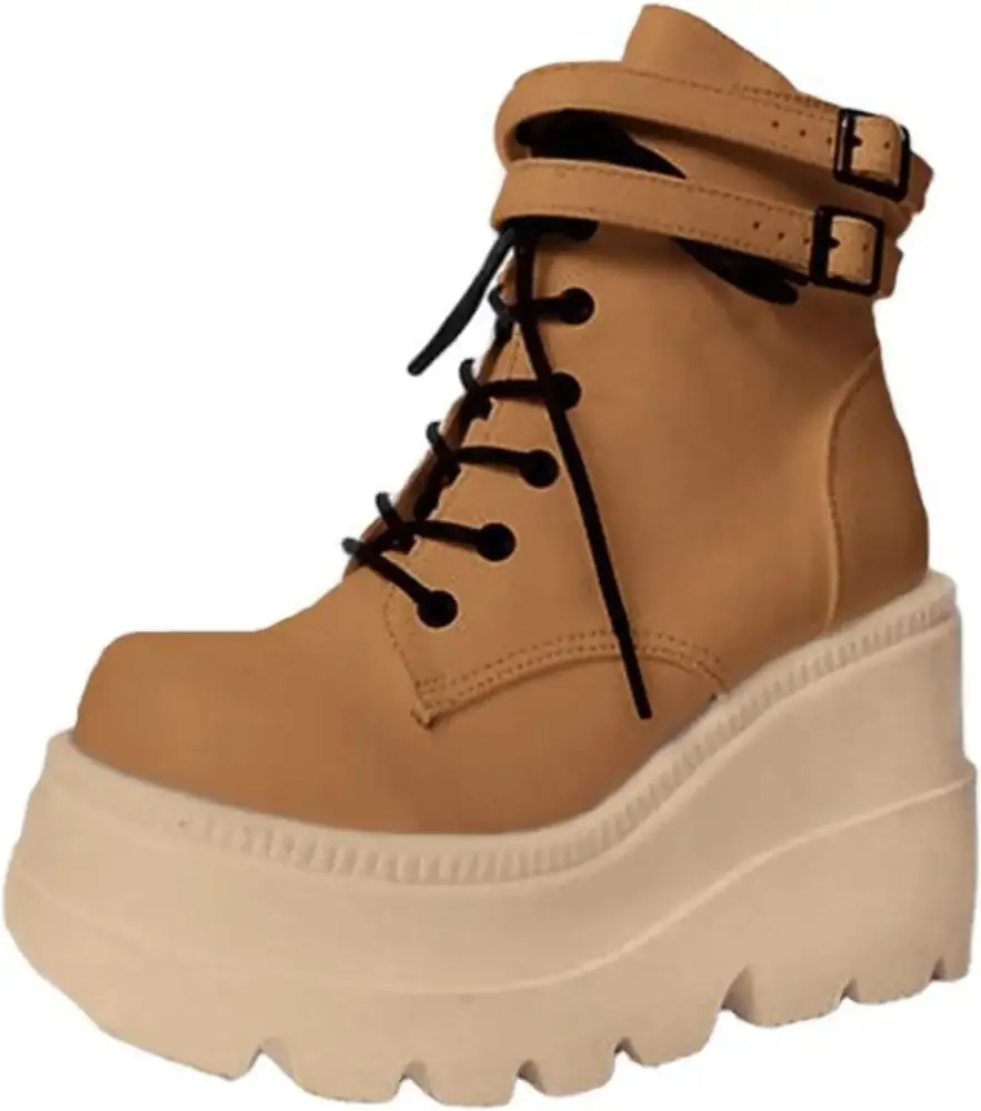 hotio 2024 Women's Platform Boots Round Toe Combat Boots Lace Up Motorcycle Boot Chunky High Heels Booties