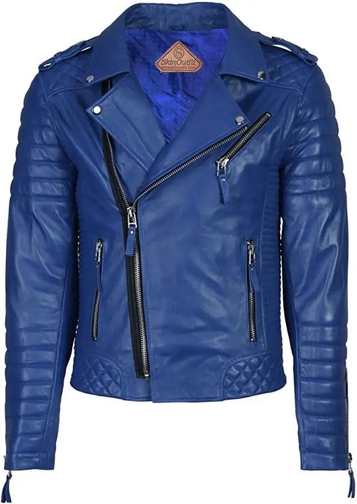 SkinOutfit Men Motorcycle Leather Jacket Genuine Lambskin Caf�� Racer Biker Outerwear XS Royal Blue
