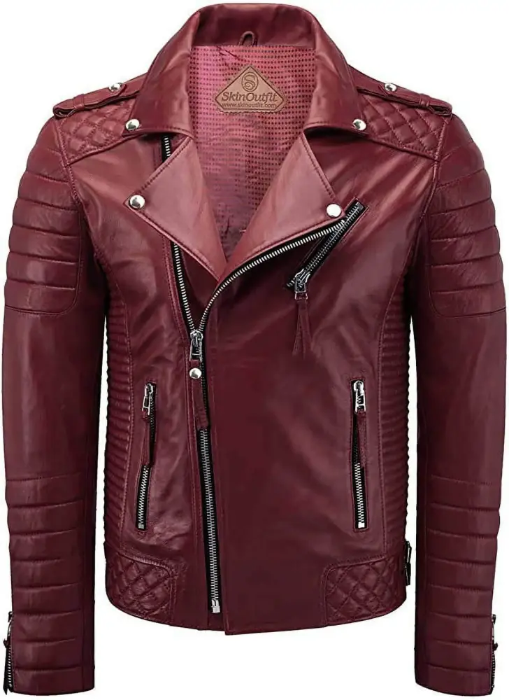 SkinOutfit Men's Motorcycle Leather Jacket Genuine Lambskin Caf�� Racer Biker Outerwear XS Dark Red