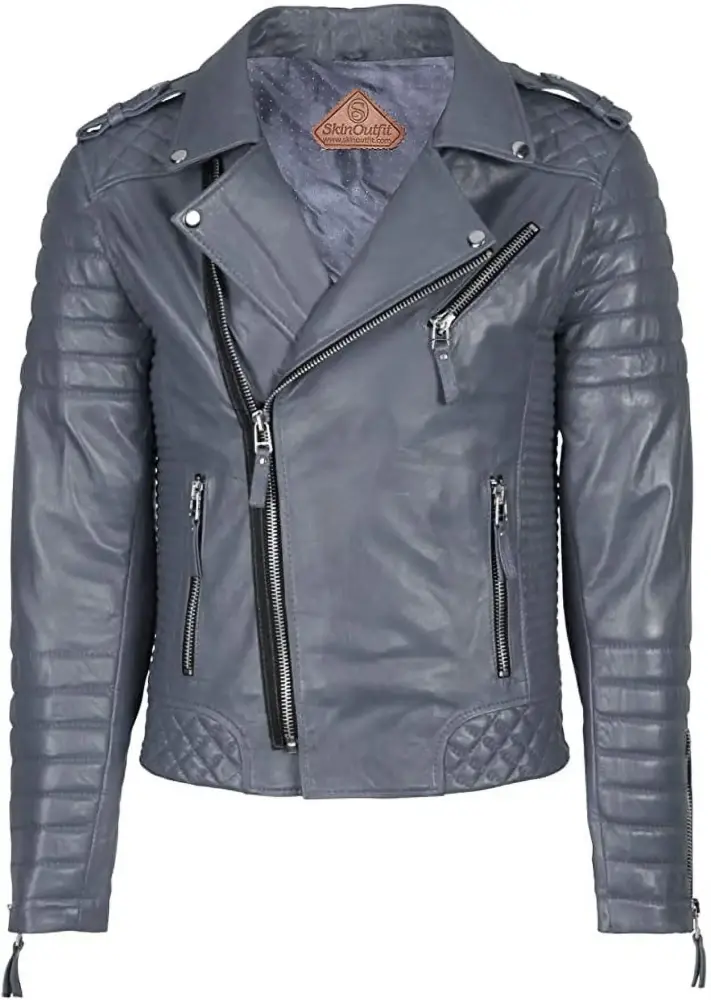 SkinOutfit Men Motorcycle Leather Jacket Genuine Lambskin Caf�� Racer Biker Outerwear XS Gray