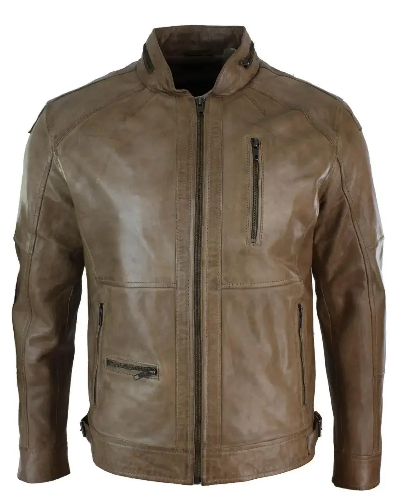 Mens Zipped Biker Style Smart Casual Real Leather Jacket Black Brown Olive Urban