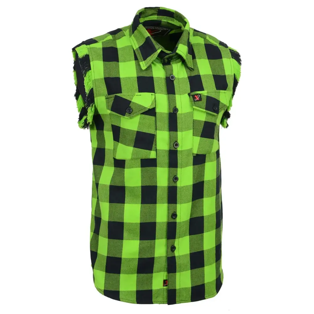 Milwaukee Leather MNG11691 Men's Classic Black and Green Button-Down Flannel Cut Off Frayed Sleeveless Casual Shirt 4X-Large