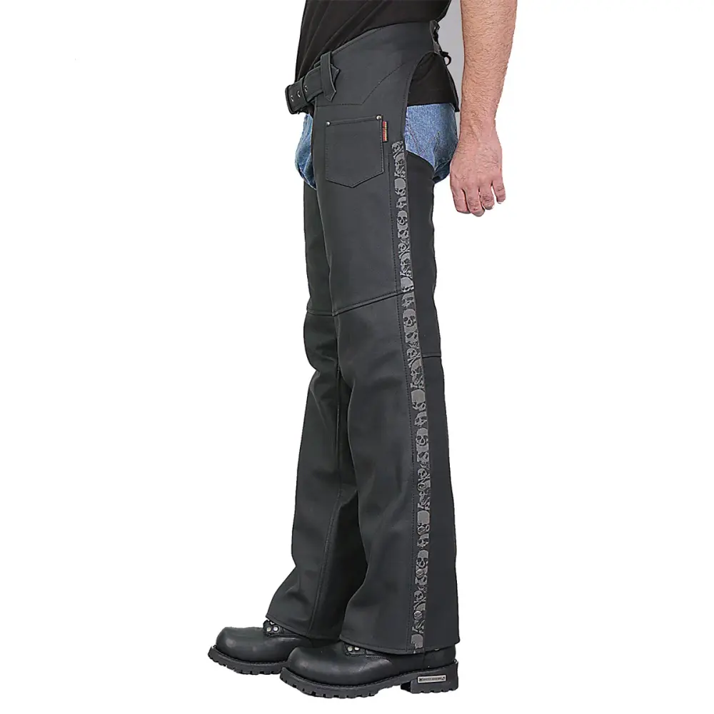 Hot Leathers CHM2001 Men's Matte Black Leather Chaps with Ancient Skull Artwork Medium