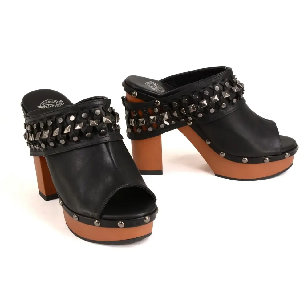 Milwaukee Leather MBL9415 Women's Black Peep-Toe Platform Fashion Casual Clog with Wrap Around Studding 9