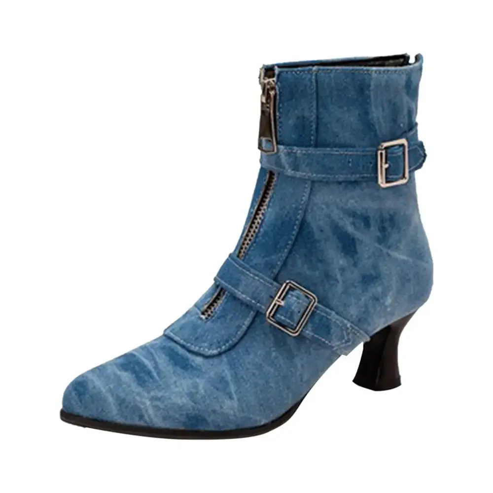 B91xZ Combat Boots for Women Pointed Toe Side Zipper Square Buckle Winter Booties.Blue 40