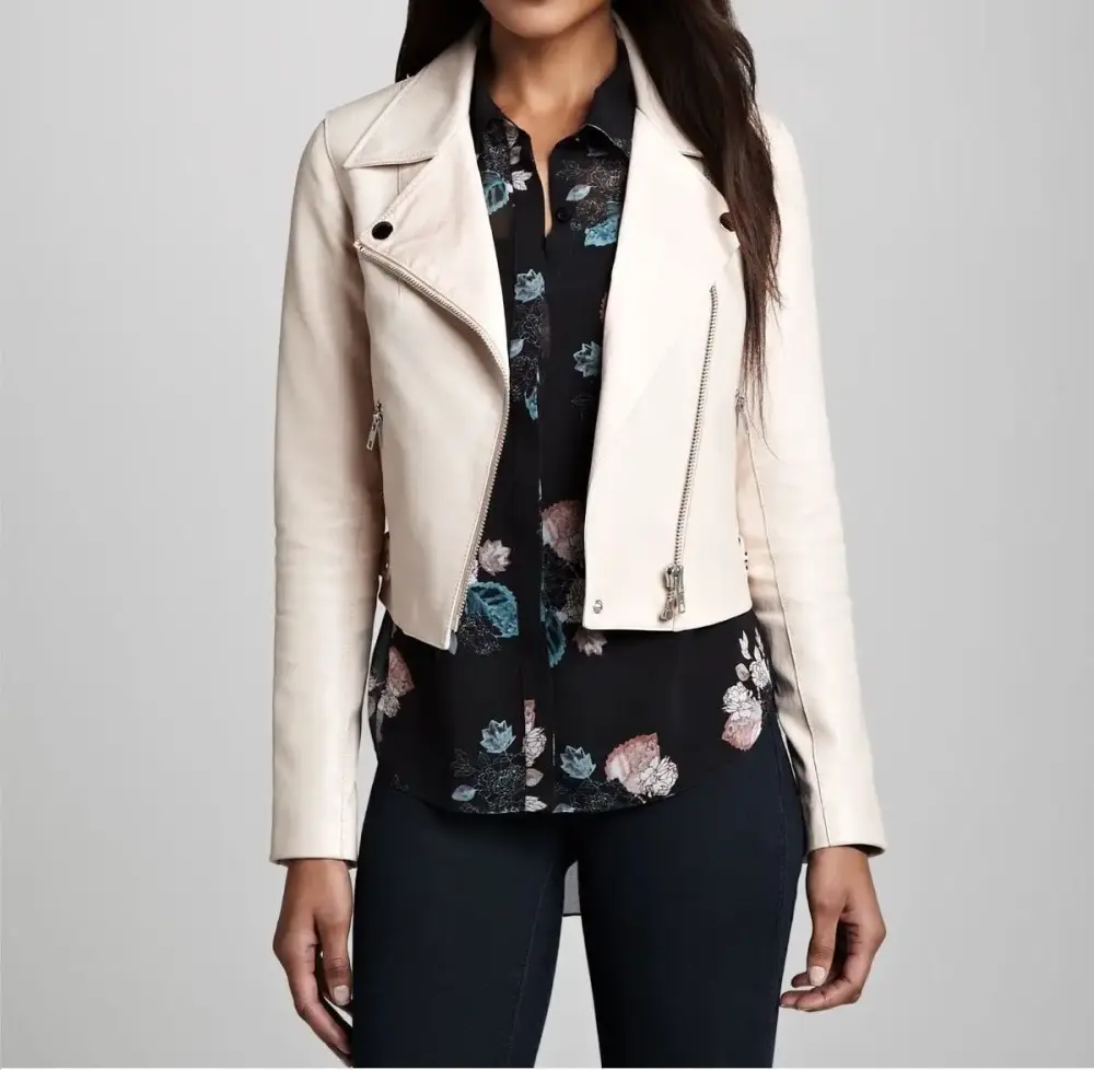 Noora Women's Cropped Light Cream Biker leather jacket ST0252