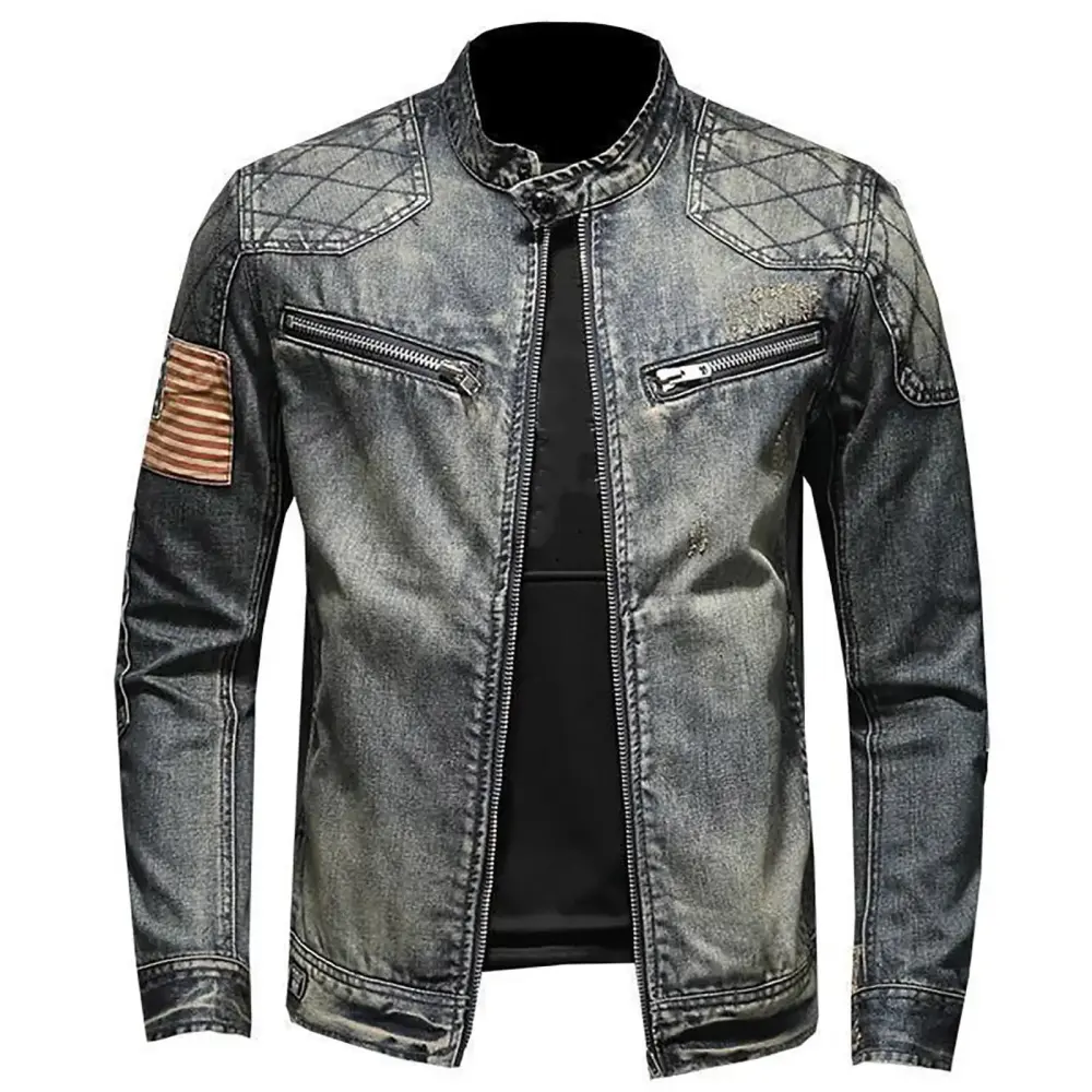 SSAAVKUY Men's Denim Jacket American Flag Zipper Stand Collar Long Sleeve Vintage Motorcycle Outerwear Slim Fit Distressed Blue 14