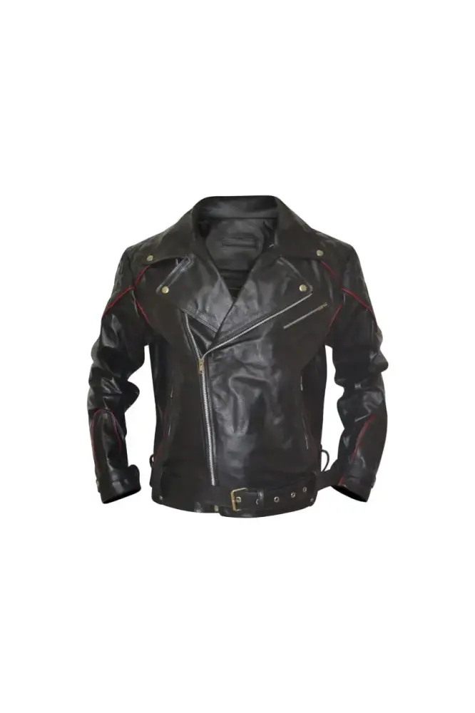Leather Biker Jacket Black With Red Piping Design SouthBeachLeather