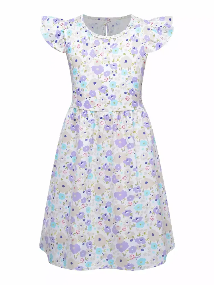 iEFiEL Kids Girls Floral Printed Casual Dress Cap Sleeve Flared Beach Dress