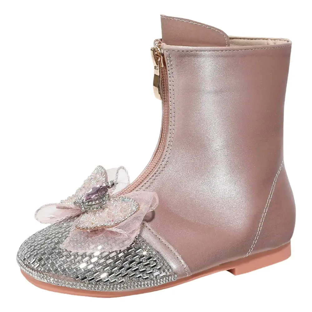 Godathe Kids Motorcycle Boots Childrens Motorcycle Boots Leather Boots Flat Bottom Long Boots Pink Boots 24