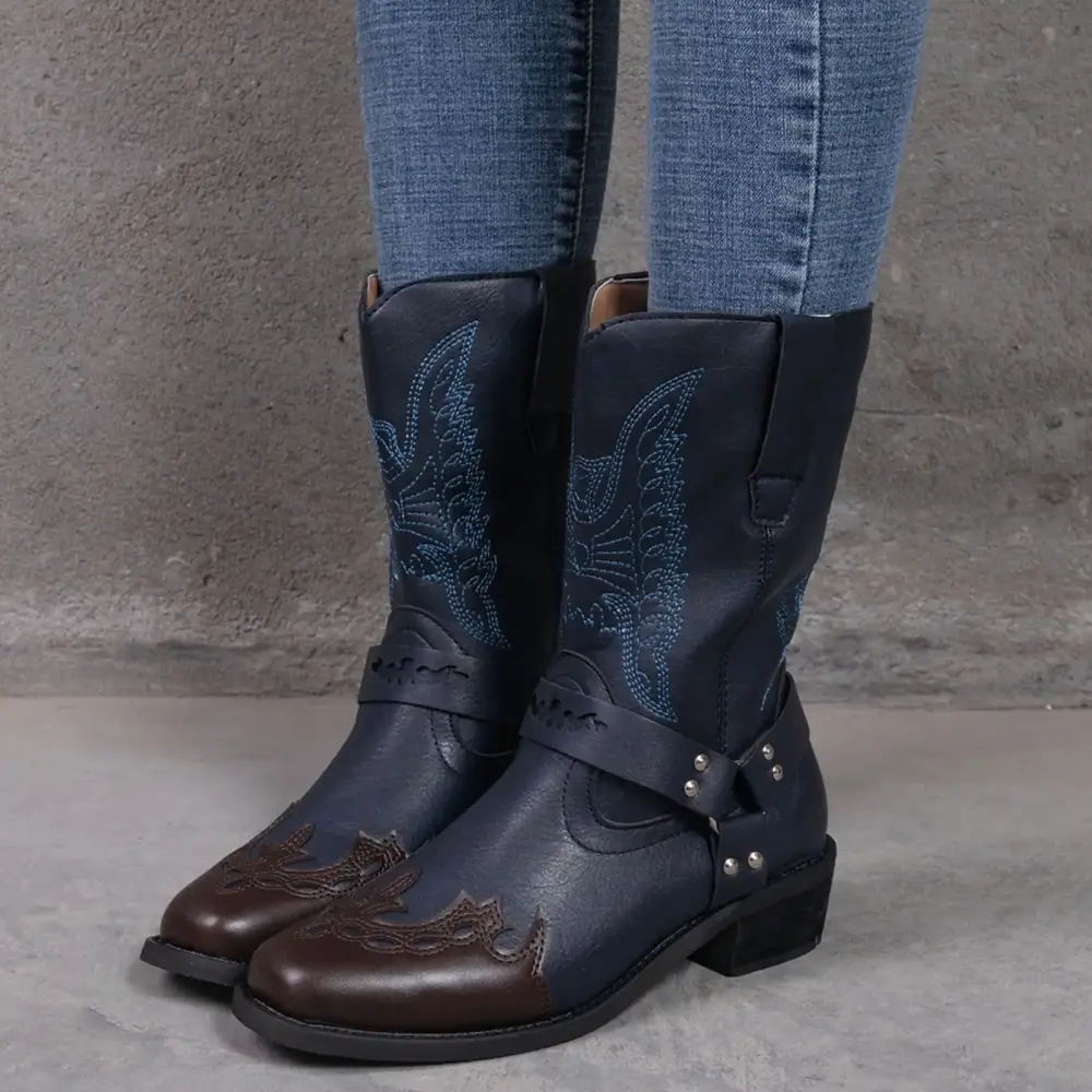 GUGUbb Women's Warm Boots Round Toe Vintage Buckle Embroidered Print Boots.Blue
