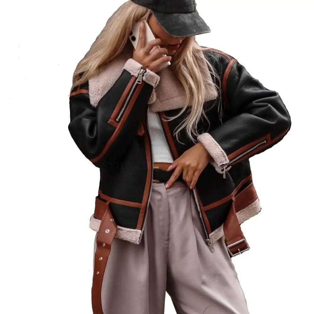 Ediodpoh Ladies Lapel Lambswool Jacket Street Motorcycle Style Jacket Fall Jackets for Women 2024 Black M