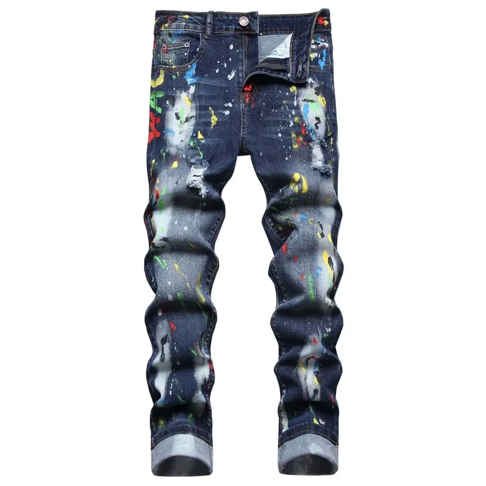 Mens Jeans New And Style Stretch Hole Beggar Street Colorful Personality Fashion Denim Pants