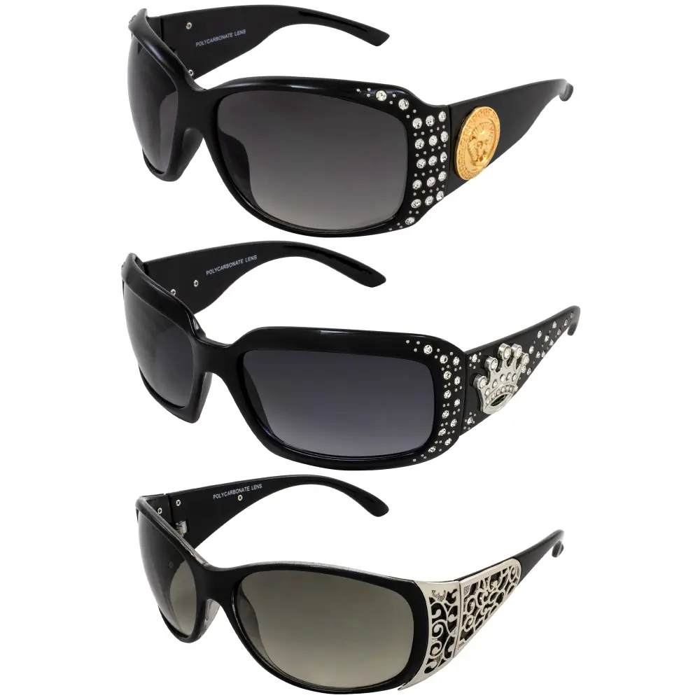 Rodeo Queen 3 Pairs of Women's Sunglasses Black Fashionable Frame w/ Metal Accent Piece Bling Rhinestones & Smoke Gradient Lenses