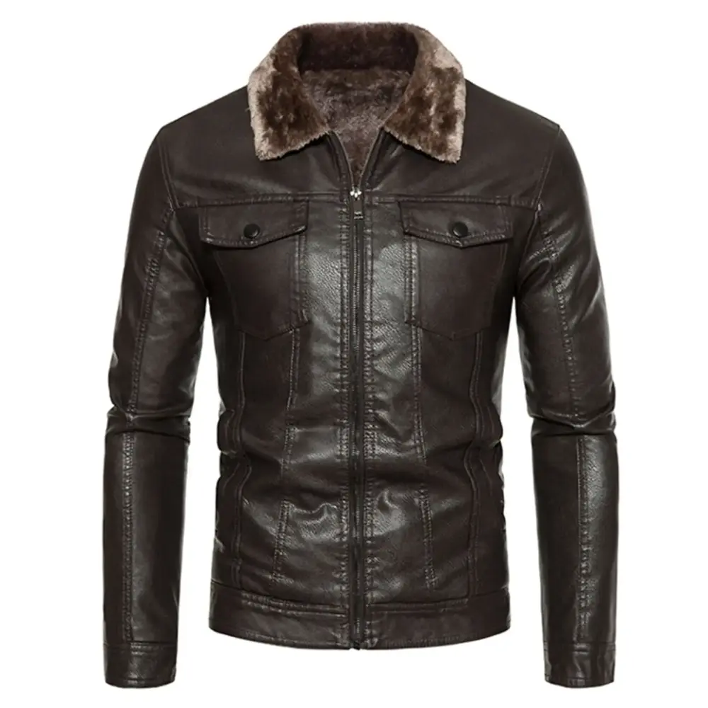 Tuphregyow Contemporary Men's Faux Leather Motorcycle Jacket - Stand Collar Outerwear Coat with Convenient Zipper Pockets. Stay on Trend Coffee XXL