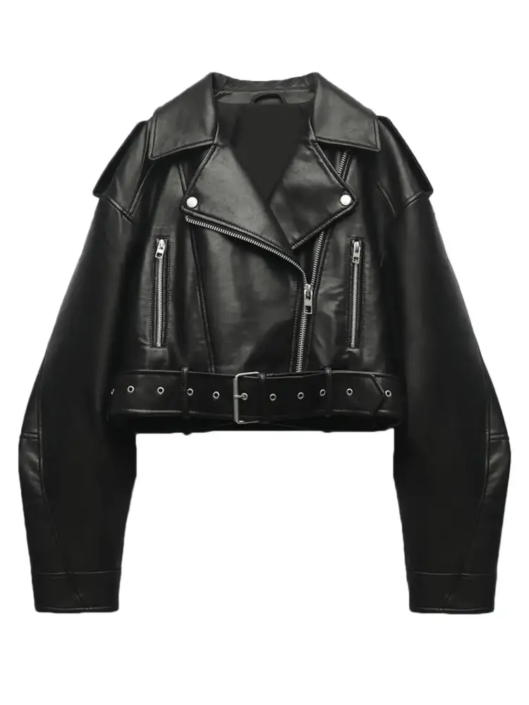 2024 DREAMFIRE Women Faux PU Leather Jacket Casual Lady Lapel Zipper Short Leather Jacket High Street Motorcycle Coat