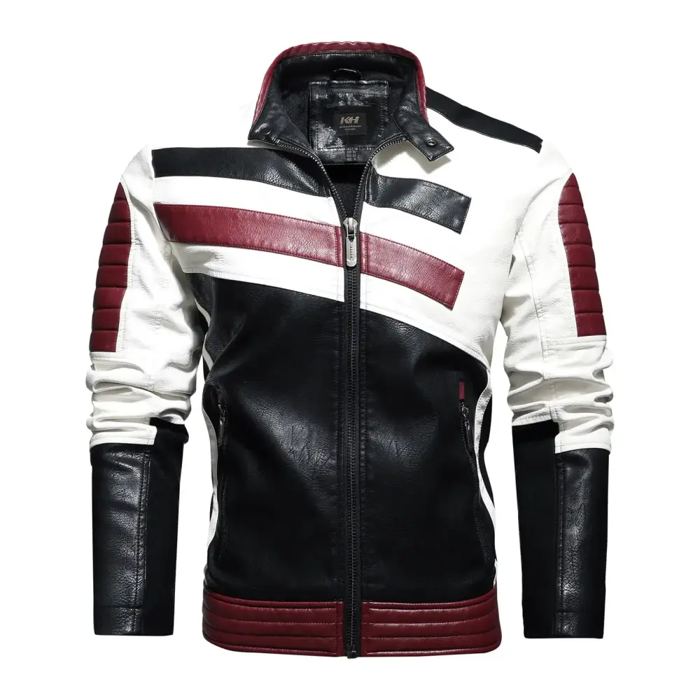 BVnarty Men's Slim Fit Faux Leather Motorcycle Jacket Stand Collar Zipper Closure Multicolor Stitching Faux Leather Coats Red XL