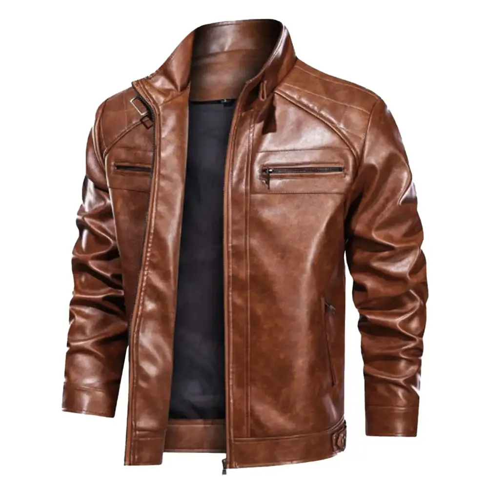 WYMPDSVI Mens Faux Leather Jacket Solid Color Zipper Motorcycle Jackets Vintage Slim Fit Coats with Multiple Pockets Brown XXXL
