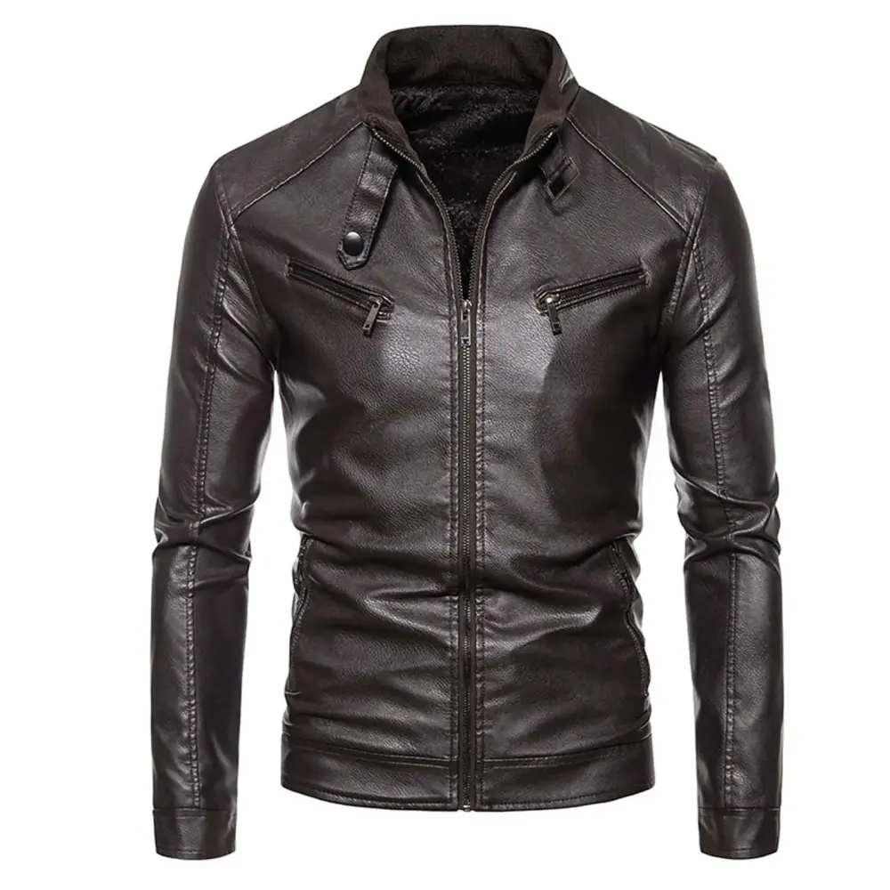 AOOCHASLIY Fall Clothes Men's Winter Long-sleeved Leather Motorcycle Jacket Zipper Coat Long Sleeve Hoodless Faux Leather Outwear Jackets