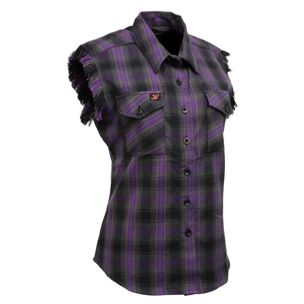 Milwaukee Leather MNG21624 Women's Flannel Black/Purple Button Down Sleeveless Cut Off Shirt w/ Frill Arm 5X-Large