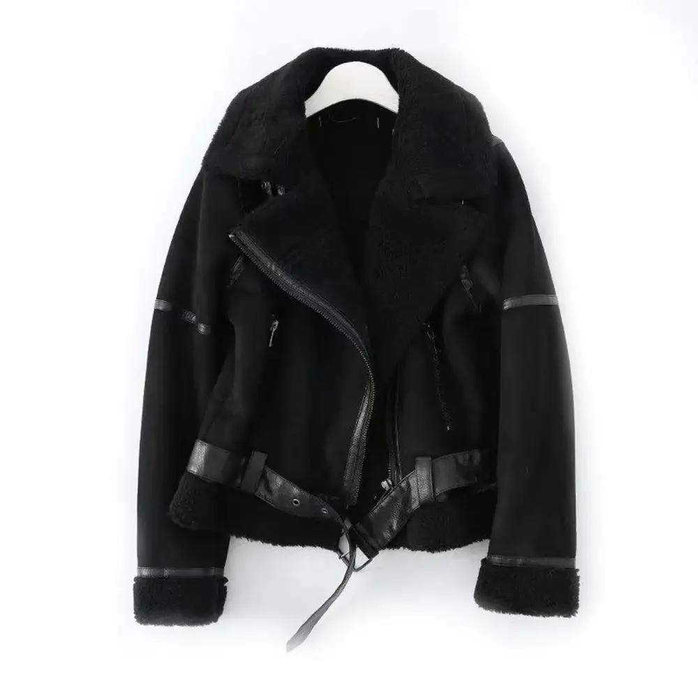 Polar Fleece Jacket Women's Autumn and Winter Lamb Wool Warm Jacket Motorcycle Wear-Black-L