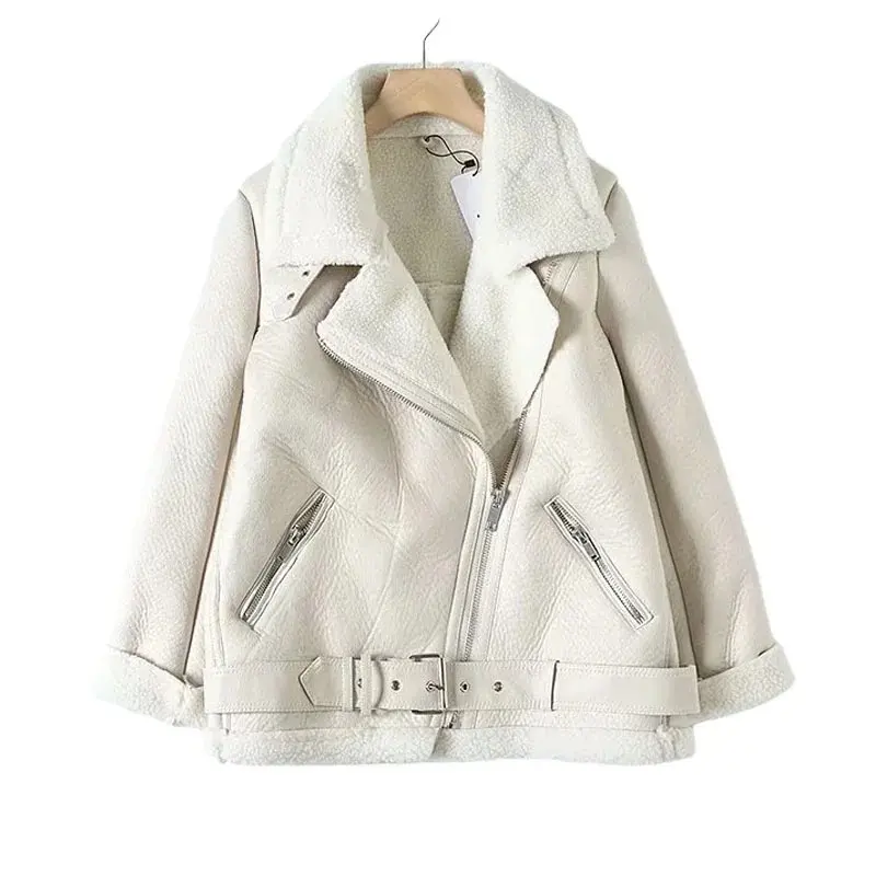 AFeng Suninheart Warm Women Faux Fur Jacket with Belt Streetwear Female Moto Biker Loose Thicken Coat Fashion Autumn Winter Outwear