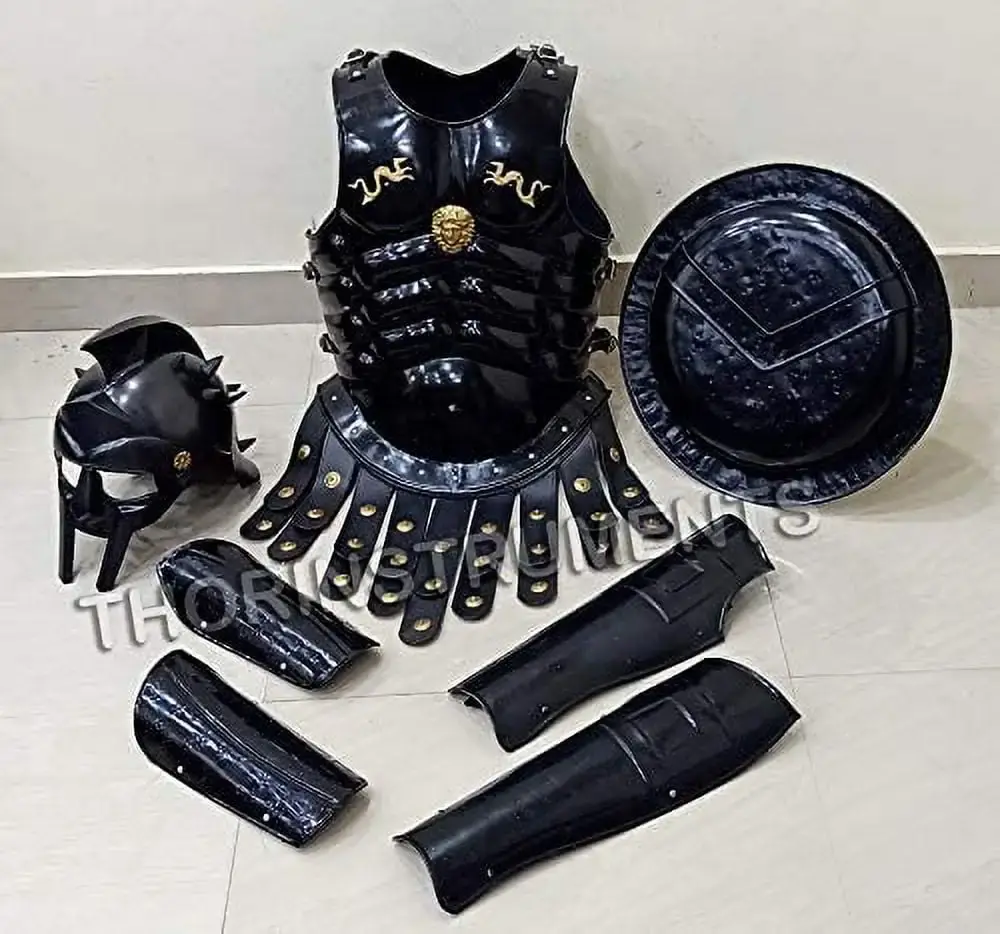 Medieval Armor Muscle Jacket Maximus Gladiator Helmet Guard & Shield Halloween Costume Black