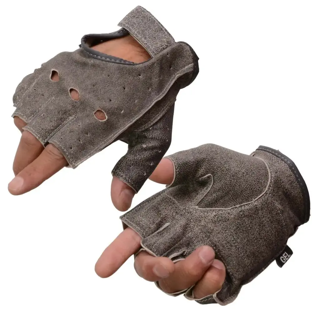 Milwaukee Leather MG7557 Men's Grey Leather Gel Padded Palm Fingerless Motorcycle Hand Gloves W/ Breathable 'Open Knuckle' Medium