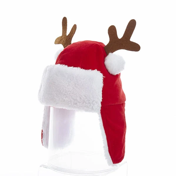Kurt Adler C1975 Christmas Red Plush Kids Santa Hat with Antlers 7" for Festive Holiday Wear