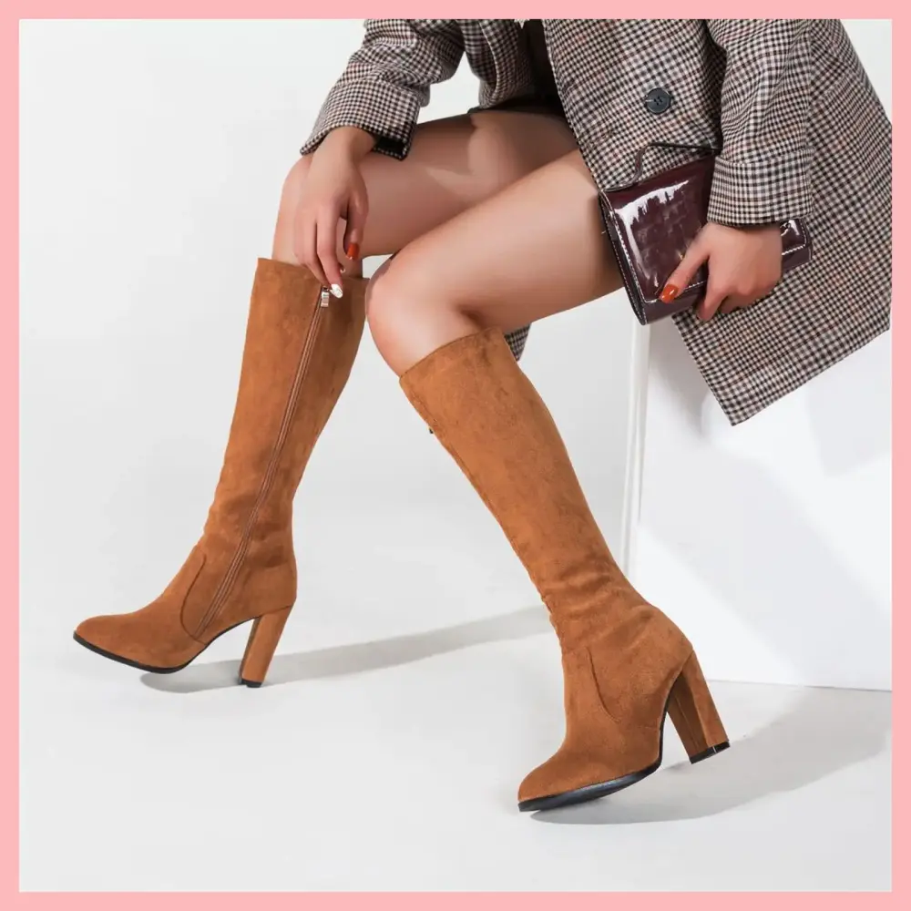 GUGUbb Women's Warm Boots Autumn and Winter Heel Boots High Heeled Boots Boots.Brown