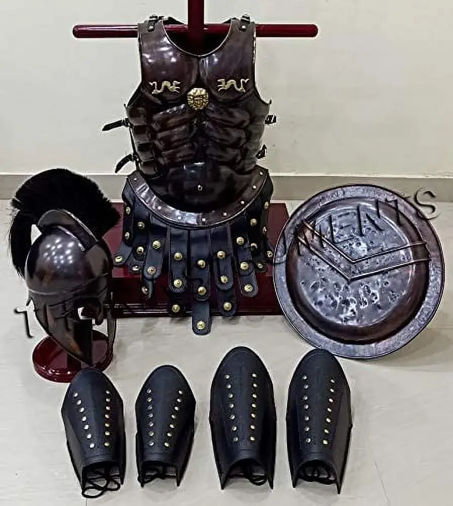 Medieval Dark Copper Muscle Jacket Armor Greek Helmet W/Black Plume+Leather Leg & Arm Guard+Shield Unique Style Costume