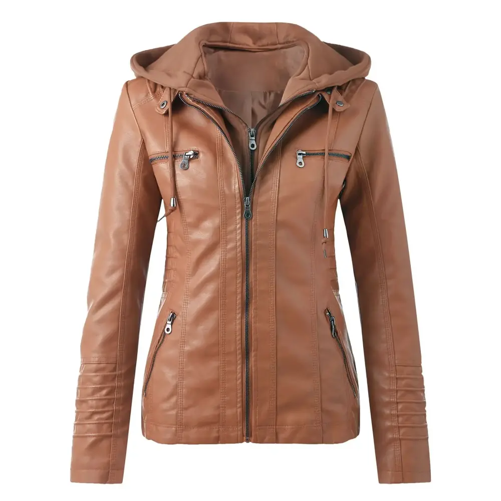 womens tops clearance under $5 Women'S Slim Leather Stand Collar Zip Motorcycle Suit Belt Coat Jacket Tops Camel S.ac18625
