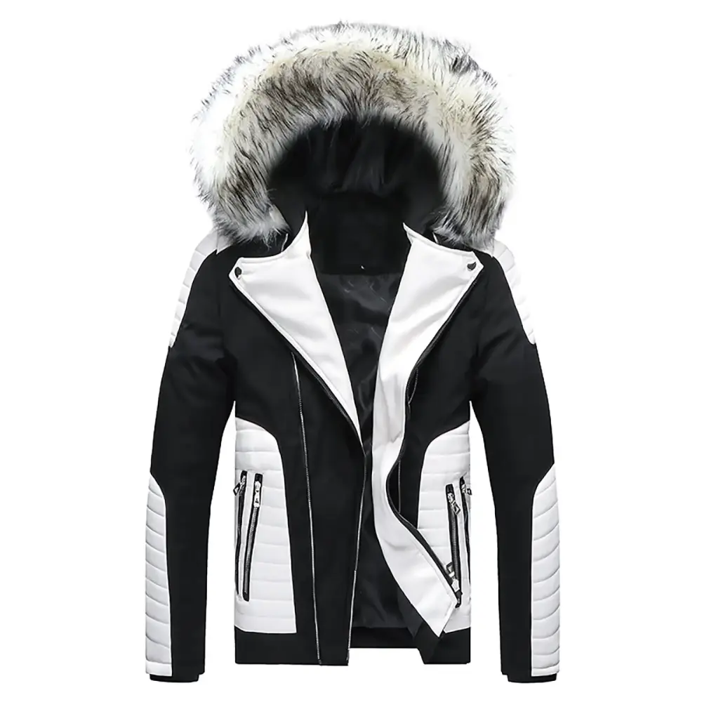 Xysaqa Men's Fashion Warm Thicken Winter Coat Zip Pockets Parka Casual Patchwork Leather Motorcycle Jackets with Removable Hood