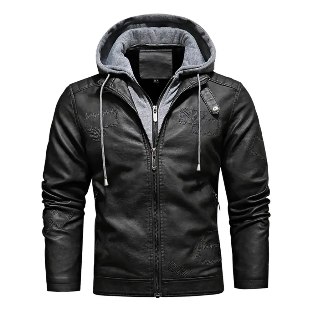 Yyeselk Men's PU Faux Leather Jacket Casual Stand Collar Zip-Up Fleece Lined Motorcycle Bomber Jacket With a Removable Hood Dark Gray XXL