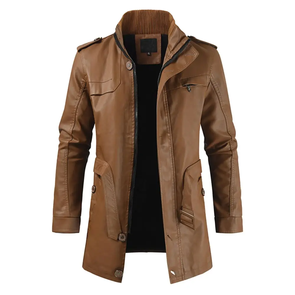 CELIEAN Mens Mid Length Motorcycle Leather Jacket With Plush Casual Standing Collar Cardigan Leather Jacket Brown